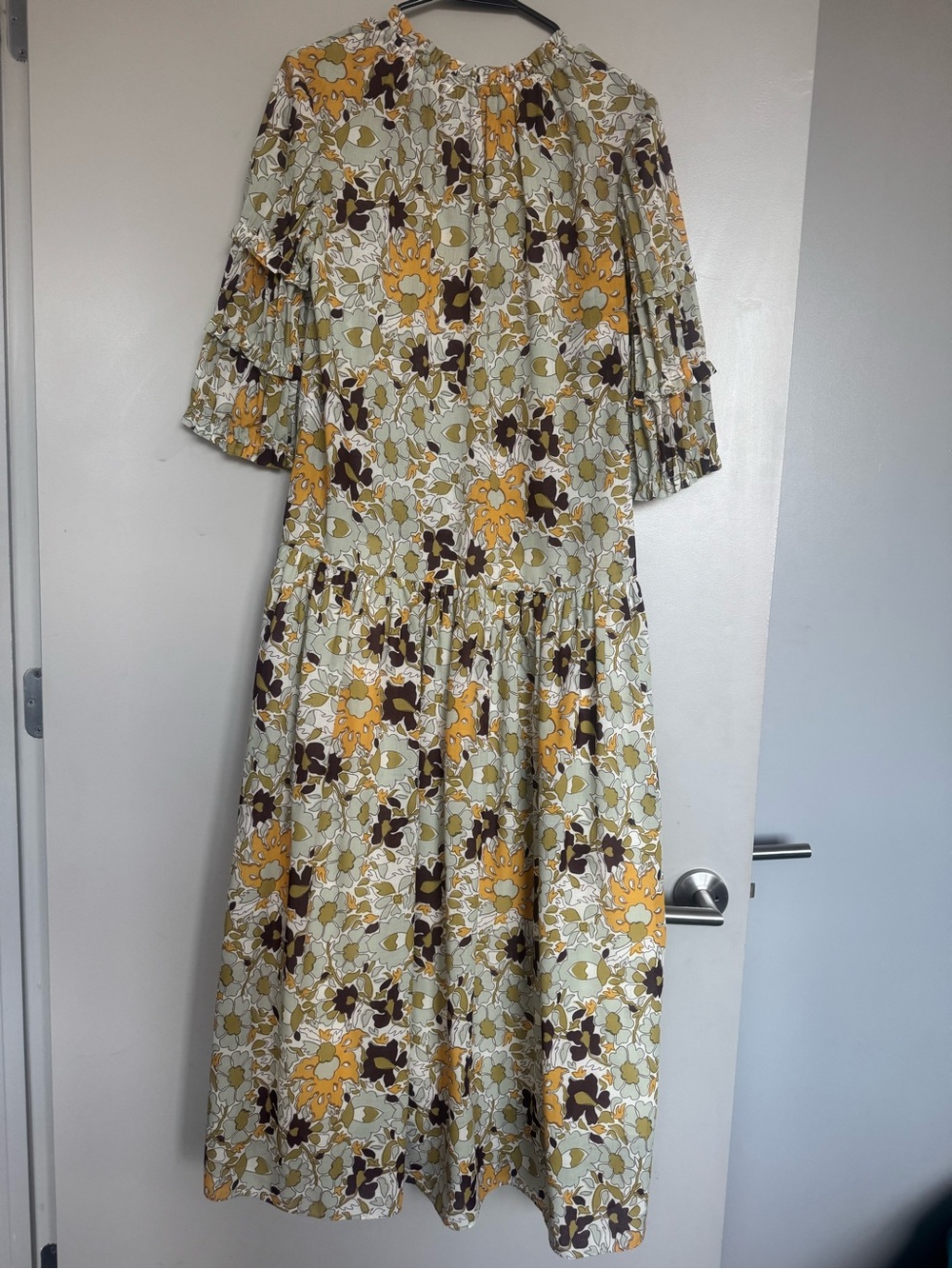Rebecca Taylor Passion Flower Puff Sleeve Dress in Green Yellow Brown Medium - Picture 3 of 4
